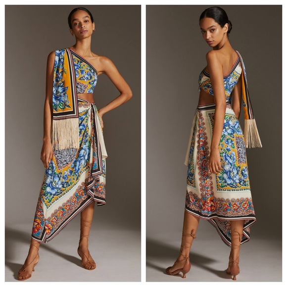 Anthropologie Dresses & Skirts - One-Shoulder Floral Scarf-Print Dress in Blue and Gold